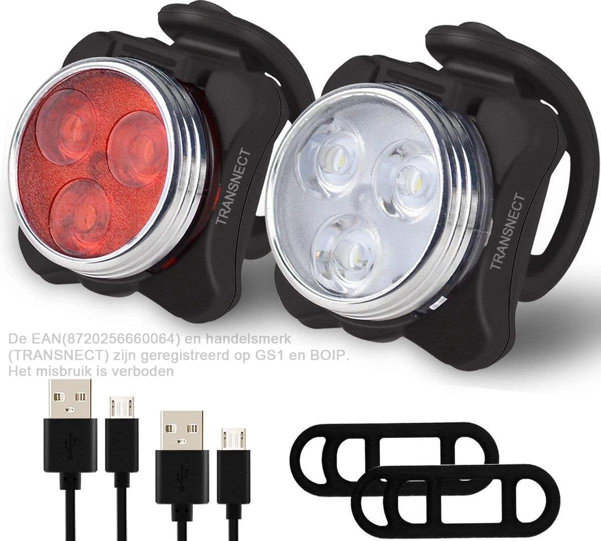 Fietsverlichting USB oplaadbaar - LED verlichting - Voor en Achter - Waterdicht - Inclusief USB Kabel en Siliconen Bevestigingsriemen - voor mountain fietsen of stadsfietsen - Wit & Rood