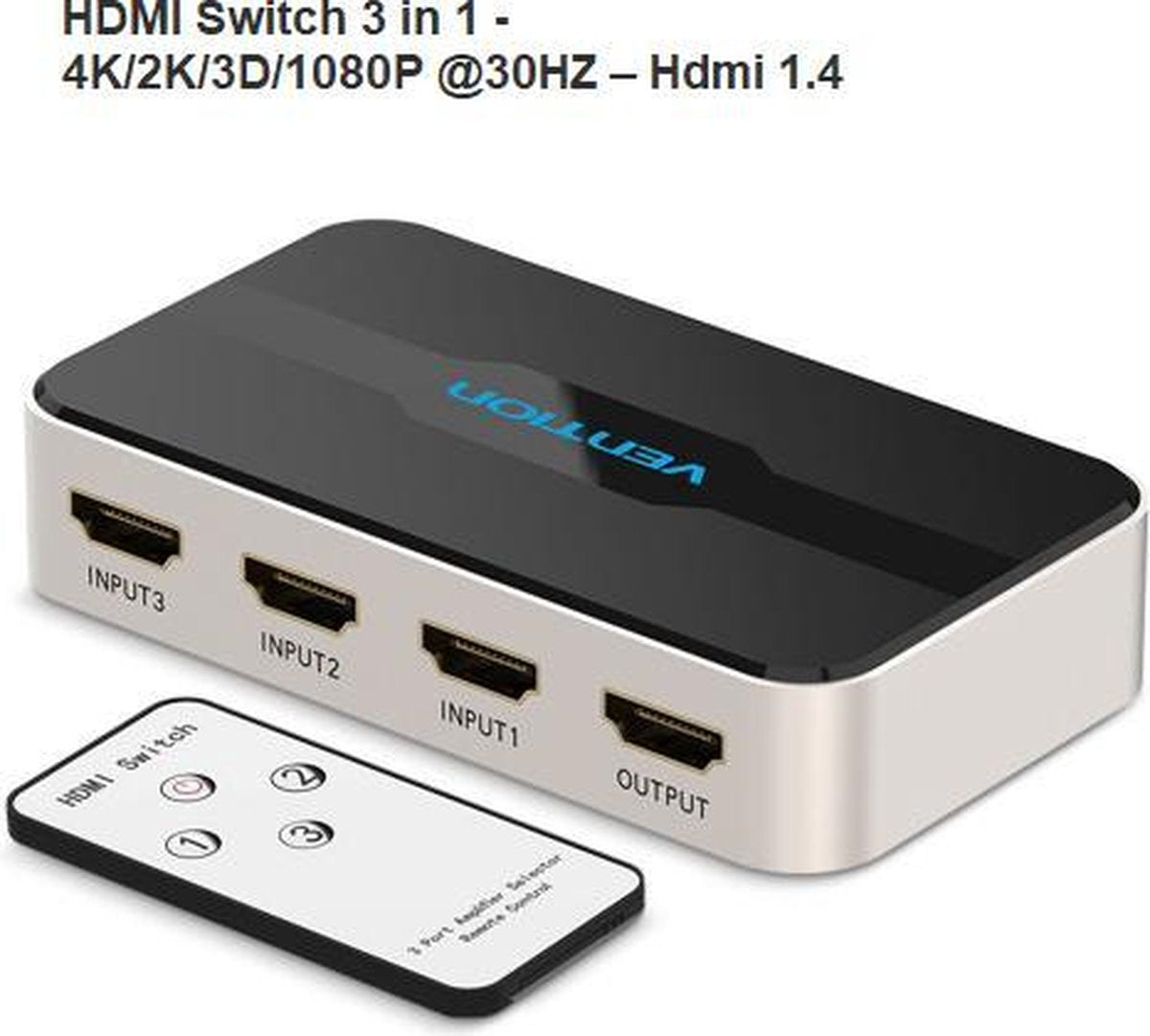 Vention - HDMI Switch 3 in 1 - 4K/2K/3D/1080P @30HZ – Hdmi 1.4 / HDCP 1.2 met afstandsbediening & Audio/Video Sync  voor o.a voor XBOX 360 PS4/PS3 Smart android