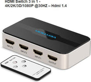 Vention - HDMI Switch 3 in 1 - 4K/2K/3D/1080P @30HZ – Hdmi 1.4 / HDCP 1.2 met afstandsbediening & Audio/Video Sync  voor o.a voor XBOX 360 PS4/PS3 Smart android
