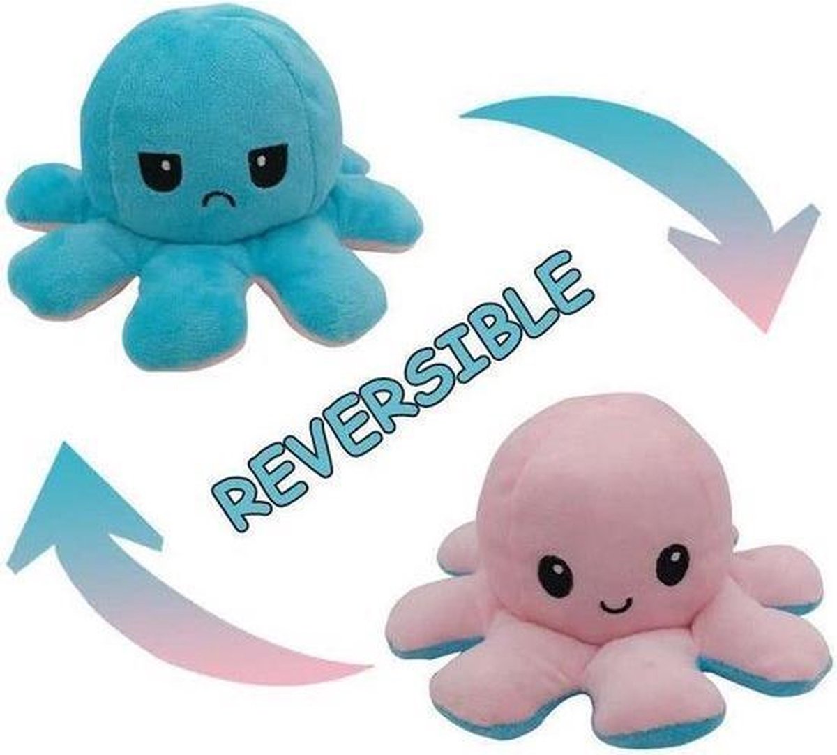 Octopus knuffel - Octopus knuffel mood - Mood knuffel - Octopus knuffel omkeerbaar - Reversible - Emotie knuffel - Omkeerbaar - Emotie octopus knuffel - Roze - Lichtblauw