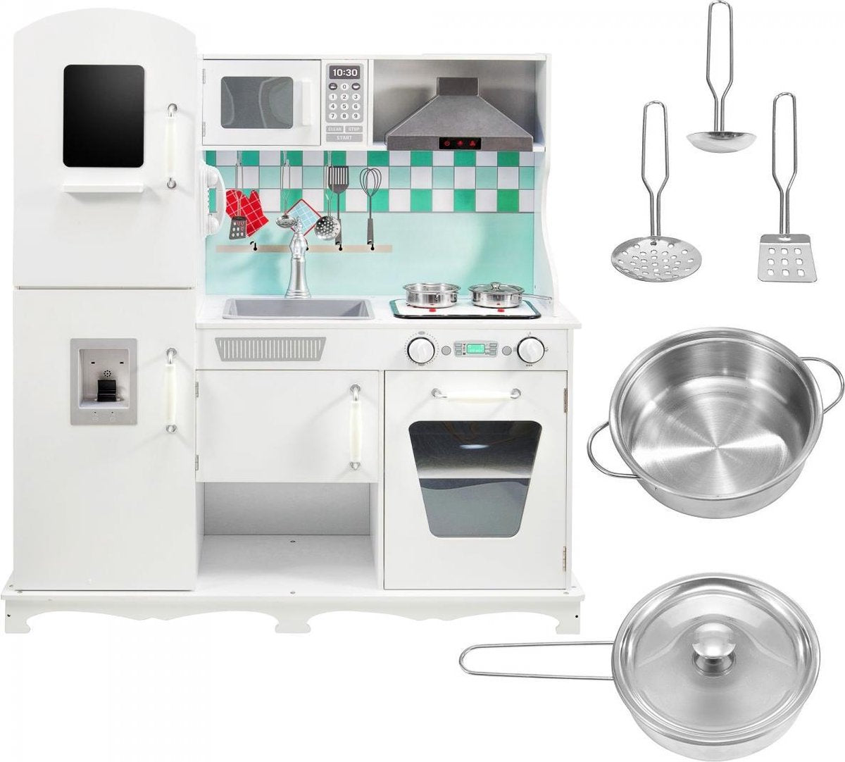 Mamabrum Houten Witte SpeelKeuken Groot - met Accessoires en Schort Kinderkeuken