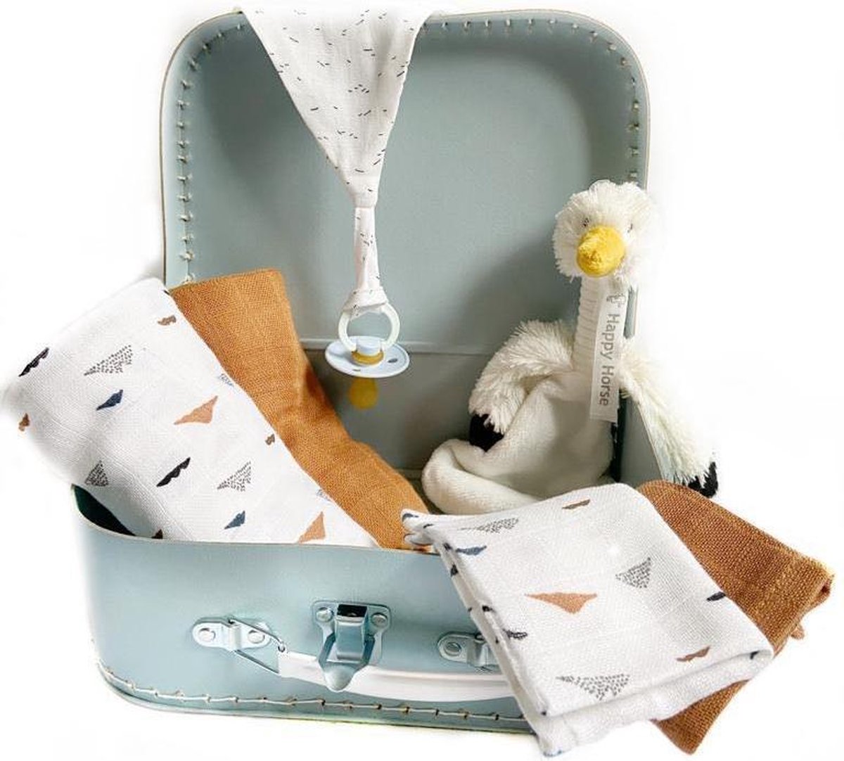 Geboortekoffer | kraamcadeau | Jollein | BIBS | Trixie | Anais | Happy Horse | speen | geboortepakket | lichtblauw | koffer | kinderkoffer | logeerkoffer