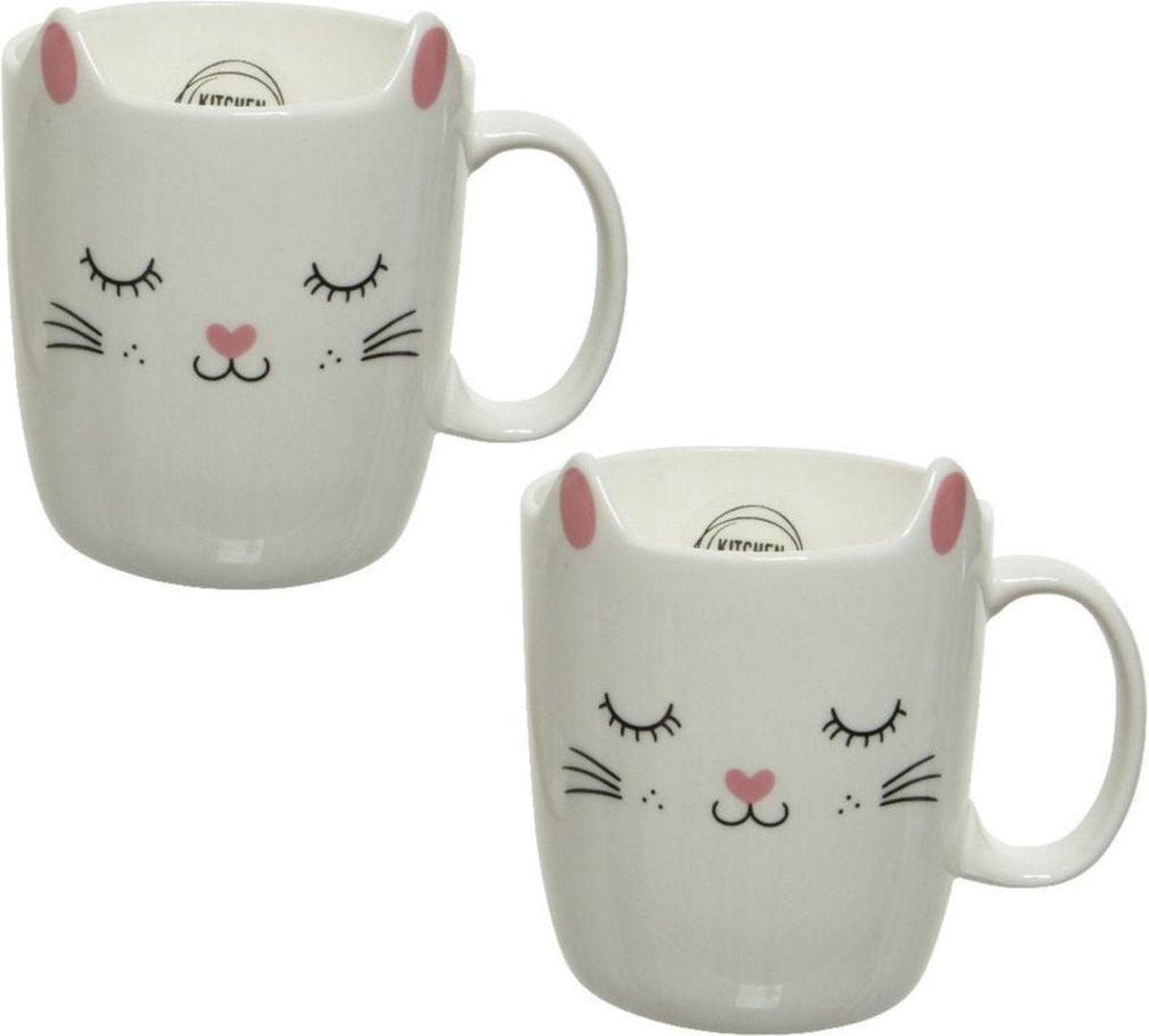 2x stuks Katten/poezen mokken wit/roze 11 cm - Koffiemokken/theemokken/kindermokken/kinderbekers