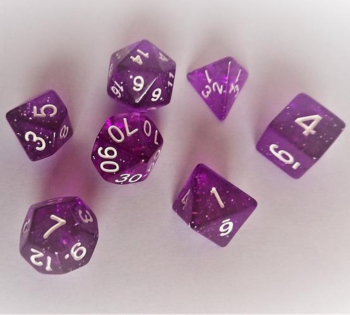 Polydice set 7 stuks - Polyhedral dobbelstenen set  | dungeons and dragons dnd dice| D&D  Pathfinder RPG |  Paars doorzichtig glitter