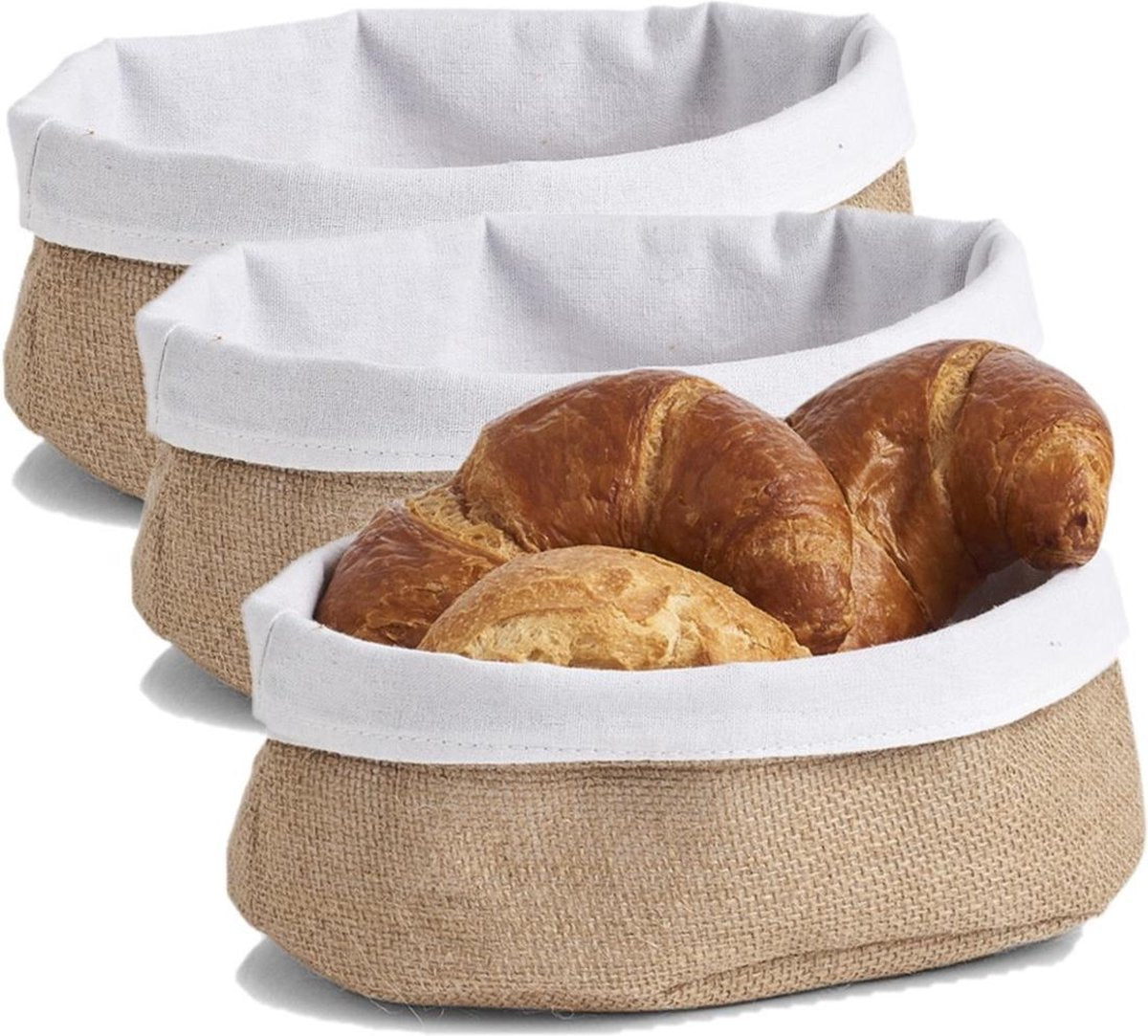 3x Jute brood serveer mandjes 22 x 15 cm - Zeller - Keukenbenodigdheden - Tafel dekken - Ontbijten/Brunchen/Lunchen - Broodjes/bolletjes serveren - Broodmanden