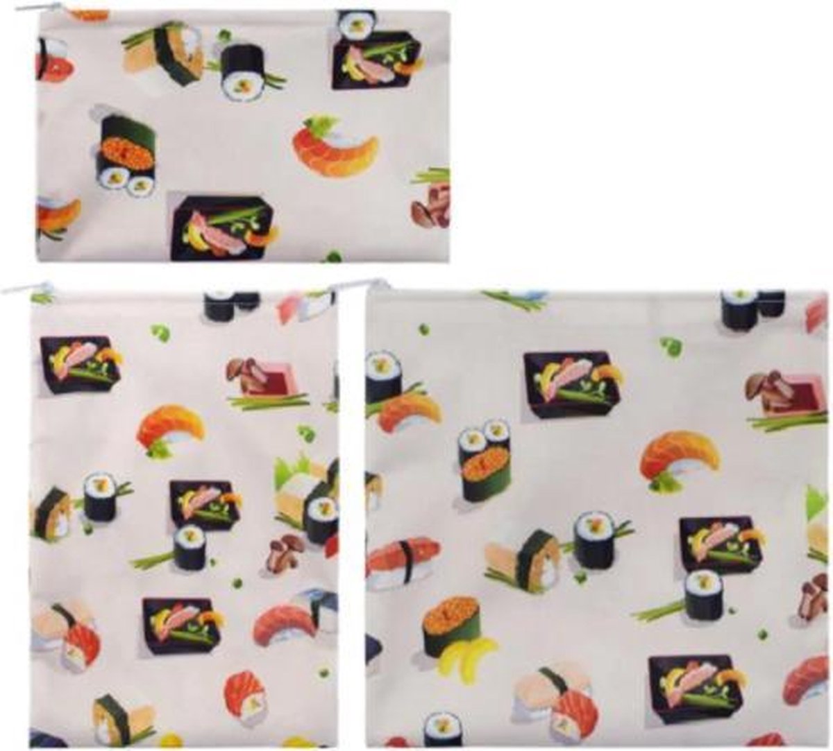 Herbruikbare boterhamzakjes - 3 stuks - verschillende maten in sushi thema - ook geschikt voor