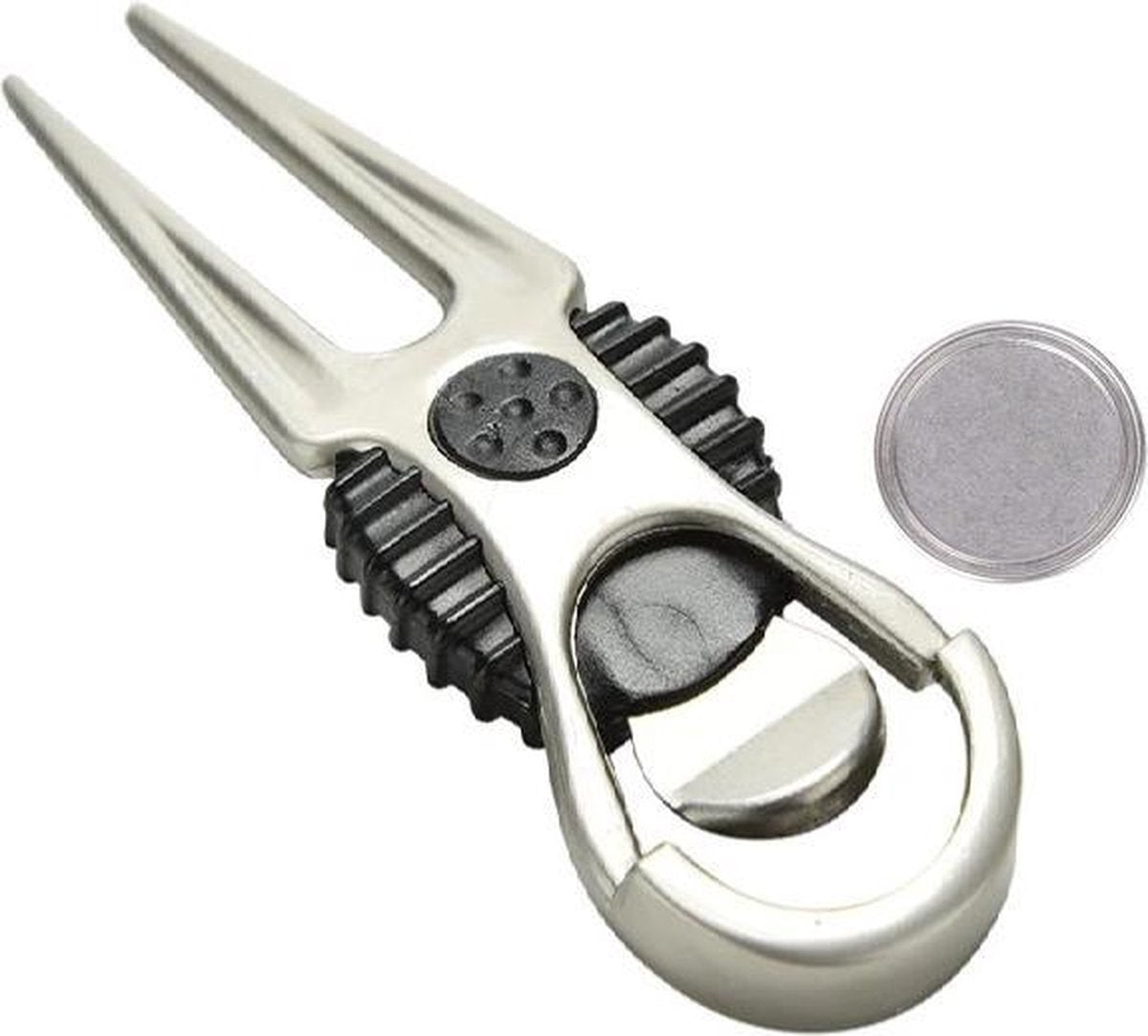 Firsttee - Pitchfork golf - Met Marker - Zilver - Golfbal - Golfbalmarker - Golfballen - Golf accessoires - Golftrainingsmateriaal - Cadeau - Sport - Training - Golfset - Trolley - Trainingsmaterialen - Mat - Net - Swing - Trainer - Putting - Tees