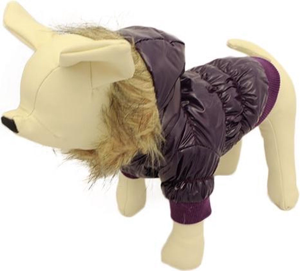 Winterjas voor de hond in de kleur paars met bont randje - XL ( rug lengte 32 cm