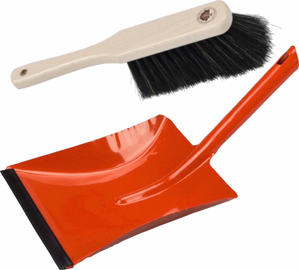 Stoffer en blik rood van metaal/hout met lip voor binnen - Zachte borstel/handveger
