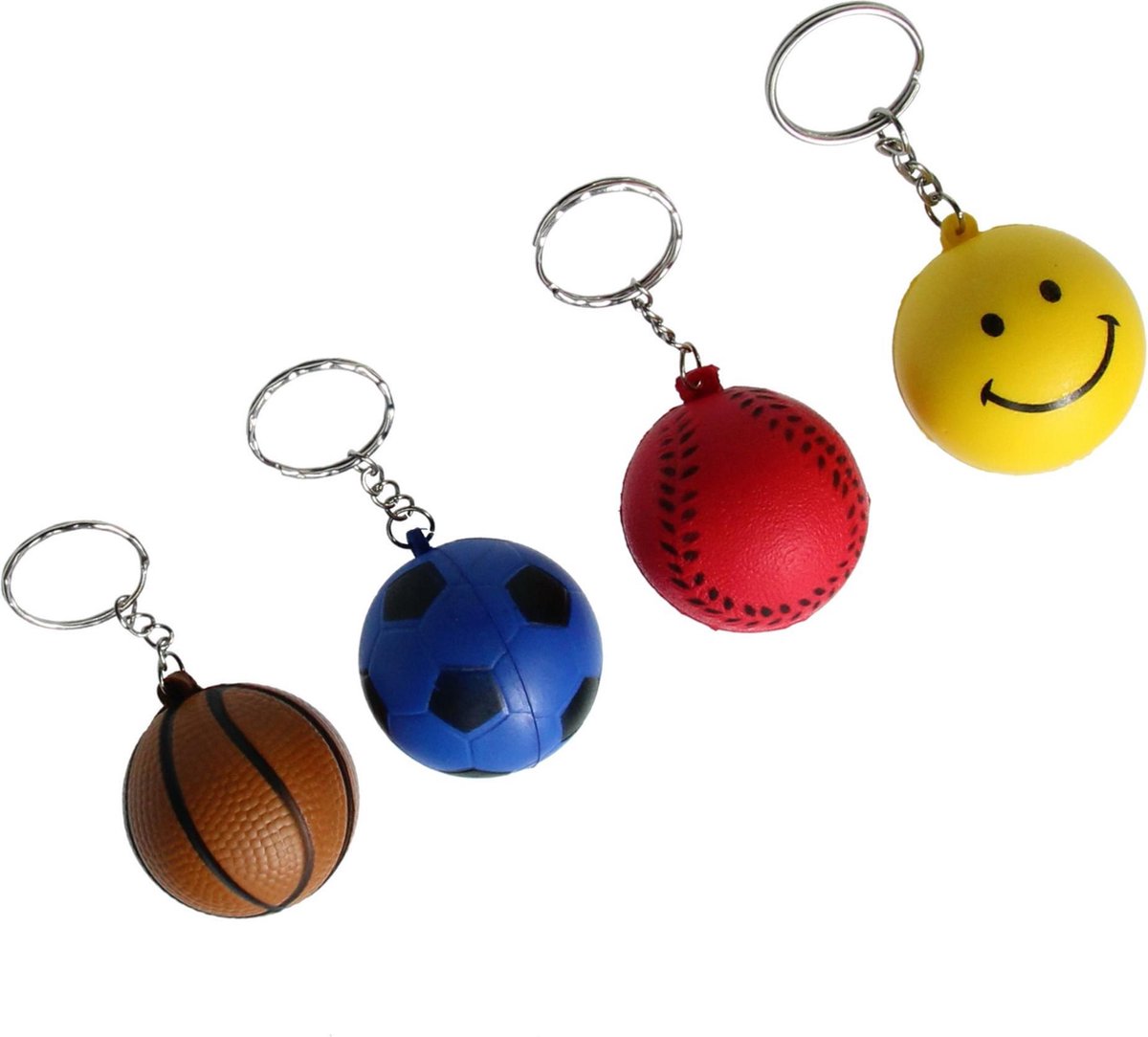 Stressbal set – voetbal–basketbal–baseball–smiley–Sleutelhanger–Random kleur