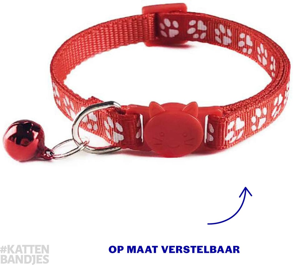 Kattenhalsband | Halsband kat | Kitten | Kattenhalsbandje met veiligheidssluiting en belletje pootjes print rood