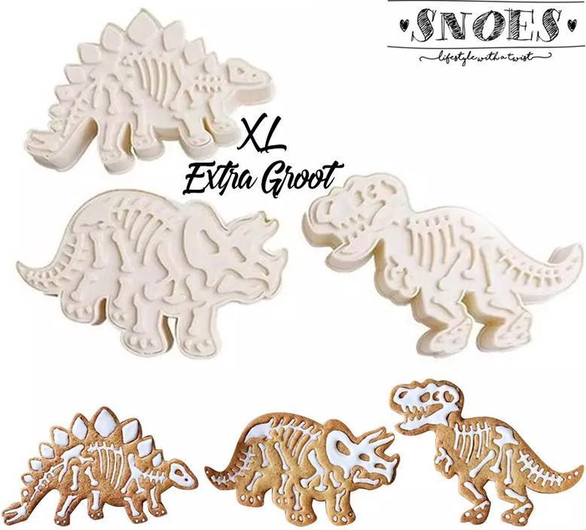 Snoes * Set van 3 XXL Dinosaurus * Grote koekjes uitstekers * koekjesvorm * uitstekers fondant* vorm zandkoekjes * uitsteekvorm * cookie cutter * kleivorm * Dino