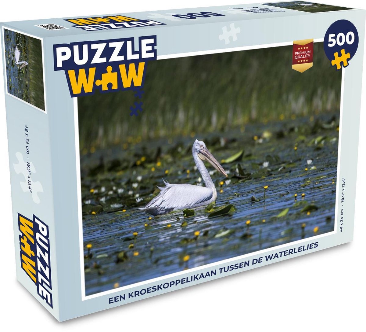 Puzzel 500 stukjes Kroeskoppelikaan - Een kroeskoppelikaan tussen de waterlelies  - PuzzleWow heeft +100000 puzzels