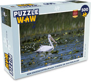 Puzzel 500 stukjes Kroeskoppelikaan - Een kroeskoppelikaan tussen de waterlelies  - PuzzleWow heeft +100000 puzzels