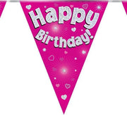 Vlaggenlijn happy birthday pink 3.9m holografisch