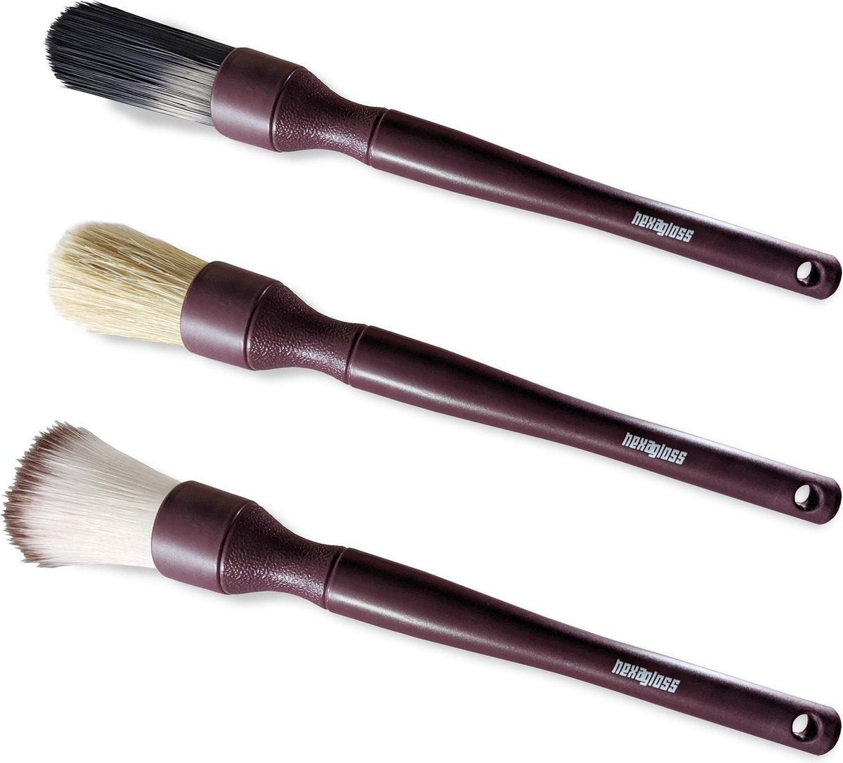 Hexagloss 3 Set - Ultra Soft - Natural White - Black Stiff Brush - Auto Detail Borstel - Interior Exterior Automotive Car Detailing