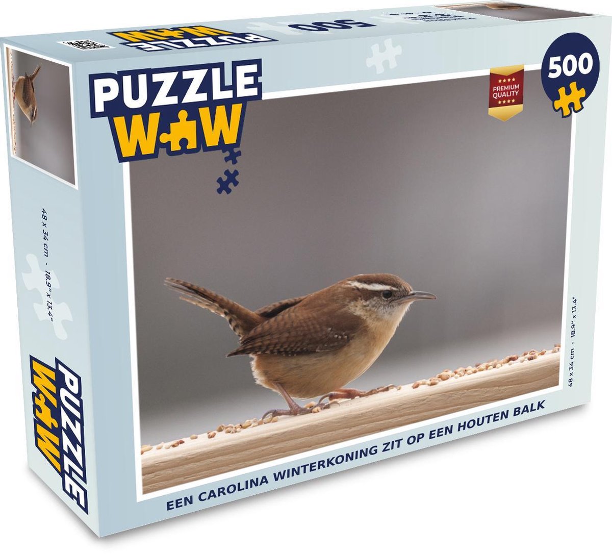 Puzzel 500 stukjes Carolina winterkoning - Een carolina winterkoning zit op een houten balk  - PuzzleWow heeft +100000 puzzels