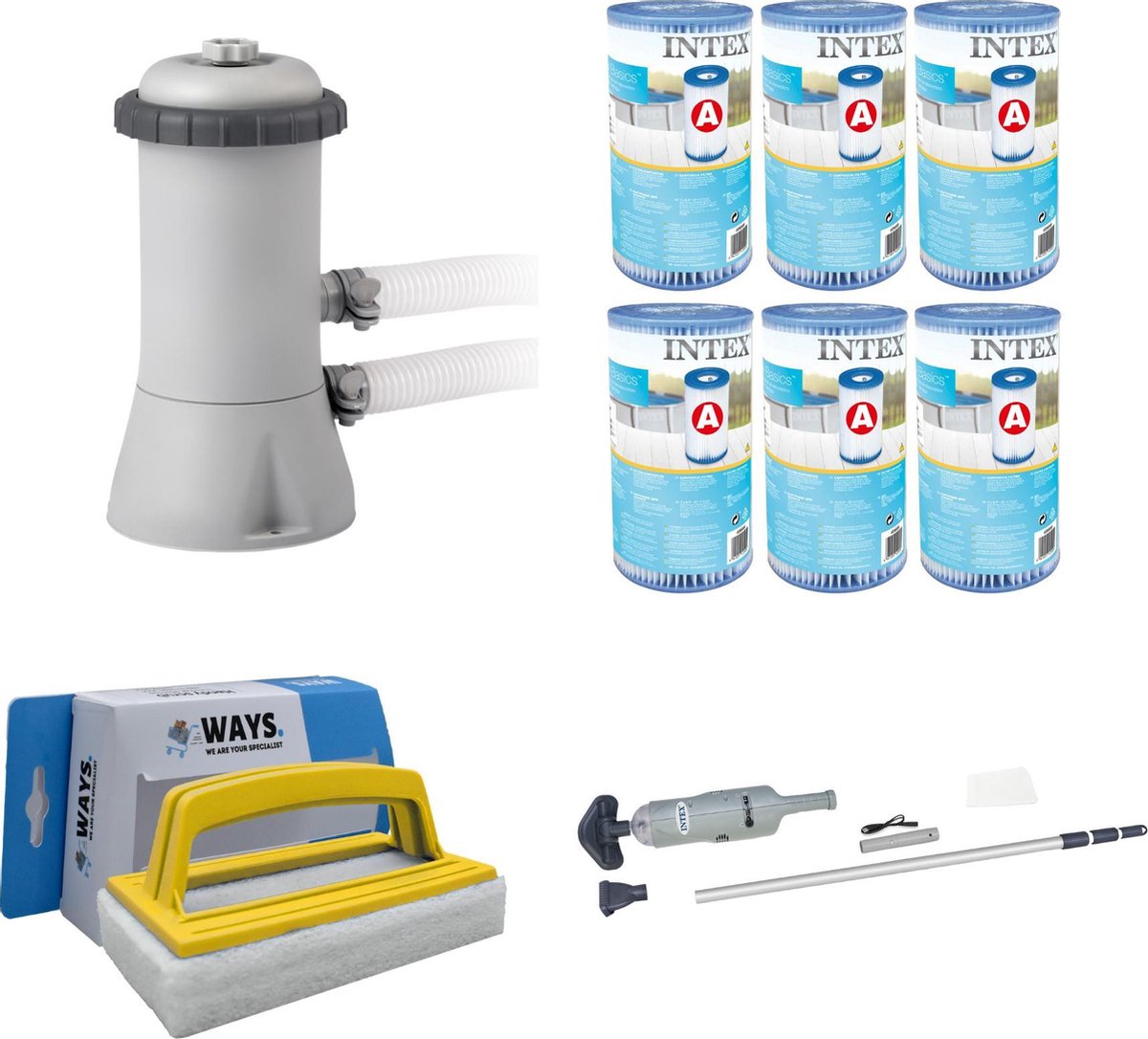 WAYS - Zwembad Onderhoud - Intex Zwembadstofzuiger & Intex Filterpomp 28604GS & 6 Intex Filters Type A & WAYS Handy Scrubborstel
