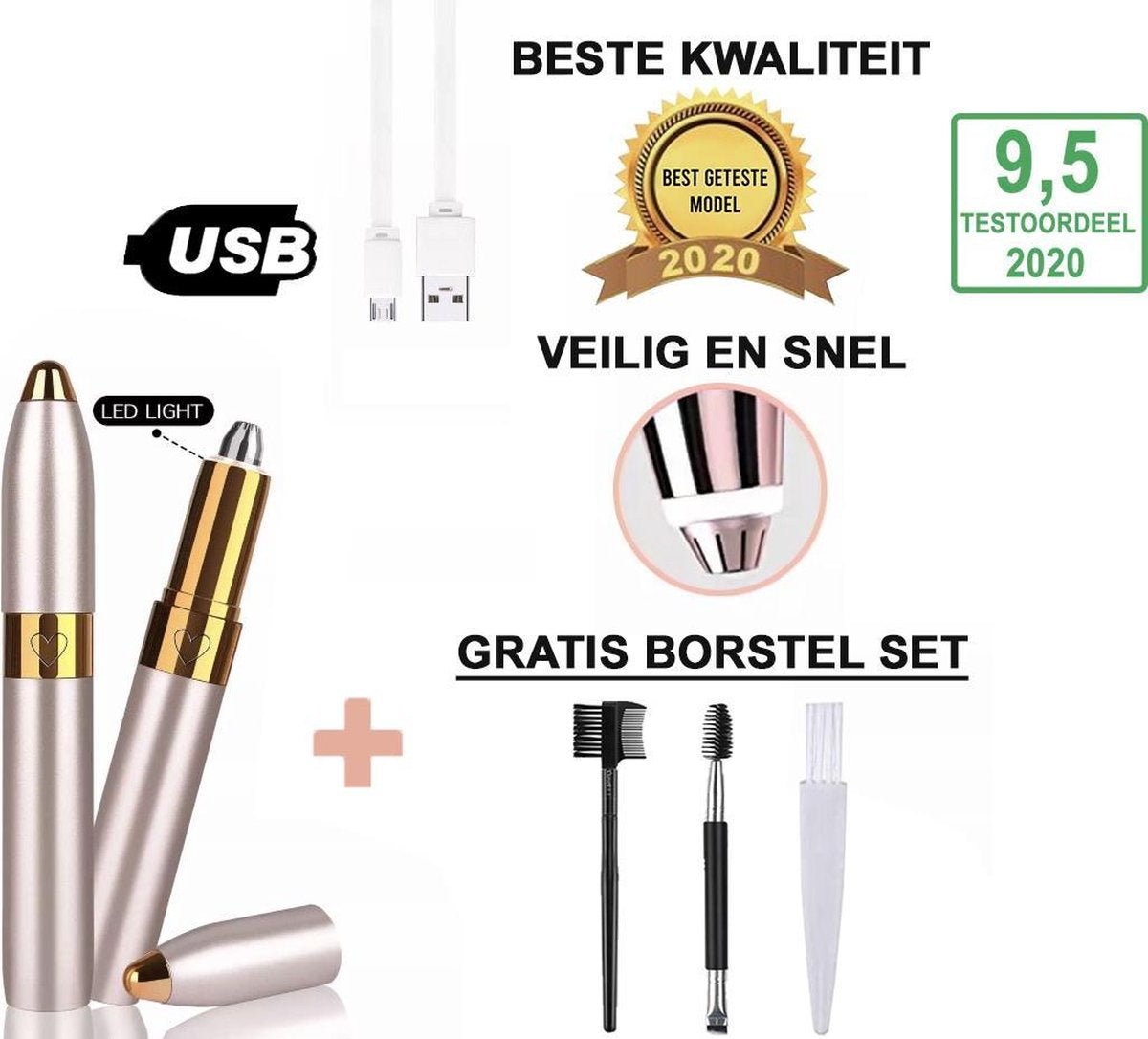 Gluxury Originele Wenkbrauw trimmer 2020 + Borstel set – Best getest en Extra veilig - Wenkbrauw epilator – USB oplaadbaar – precisietrimmer – Epileerapparaat