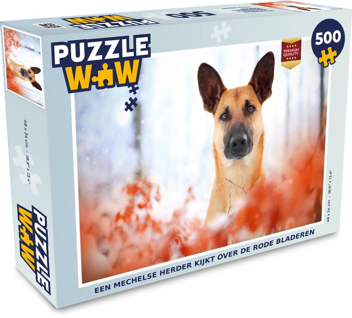 Puzzel 500 stukjes Mechelse Herder - Een Mechelse herder kijkt over de rode bladeren  - PuzzleWow heeft +100000 puzzels