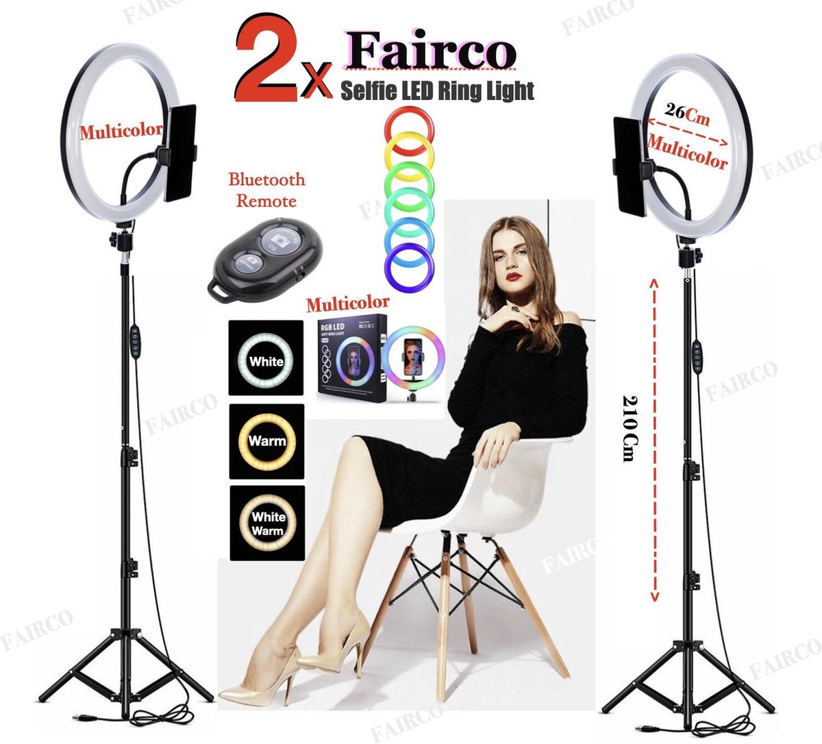 2x Selfie LED Ring Lamp 26Cm Multicolour + Statief 210 CM Inclusief Bluetooth afstandsbediening en Telefoonhouder Selfie - lamp -Ringlamp - Statief - Tik tok - flitser – Make up light – Studiolamp – Ring Light van HiCHiCO