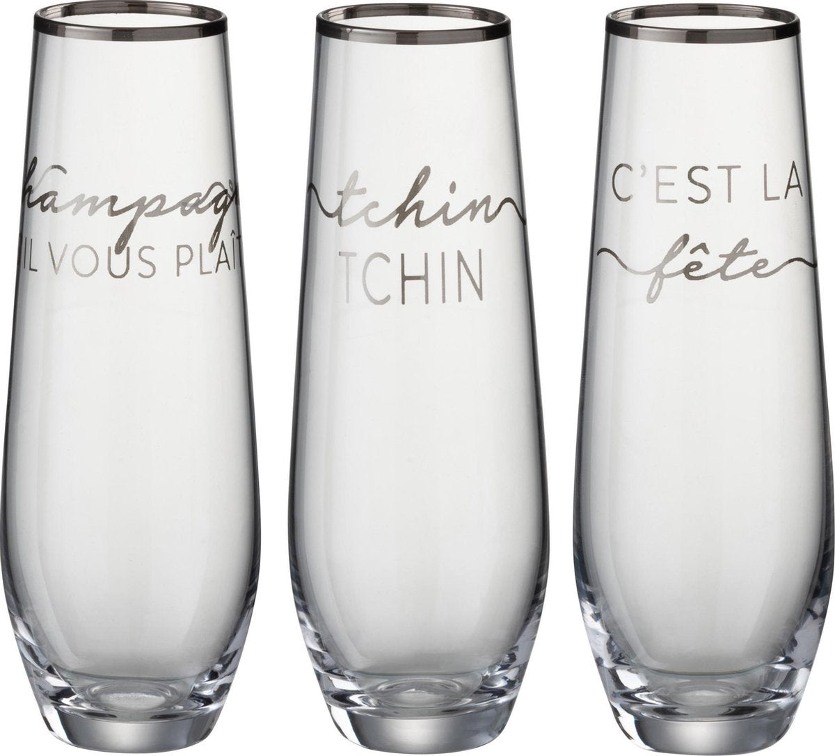 J-Line Drinkglas Tekst Frans Rand Glas Transparant/Zilver Assortiment Van 3