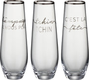 J-Line Drinkglas Tekst Frans Rand Glas Transparant/Zilver Assortiment Van 3