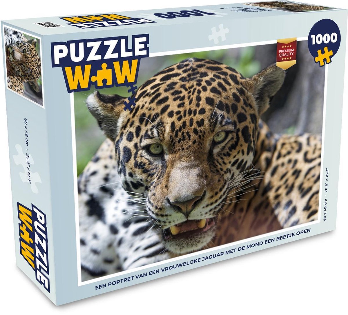 Puzzel 1000 stukjes volwassenen Jaguar 1000 stukjes - Een portret van een vrouwelijke jaguar met de mond een beetje open  - PuzzleWow heeft +100000 puzzels