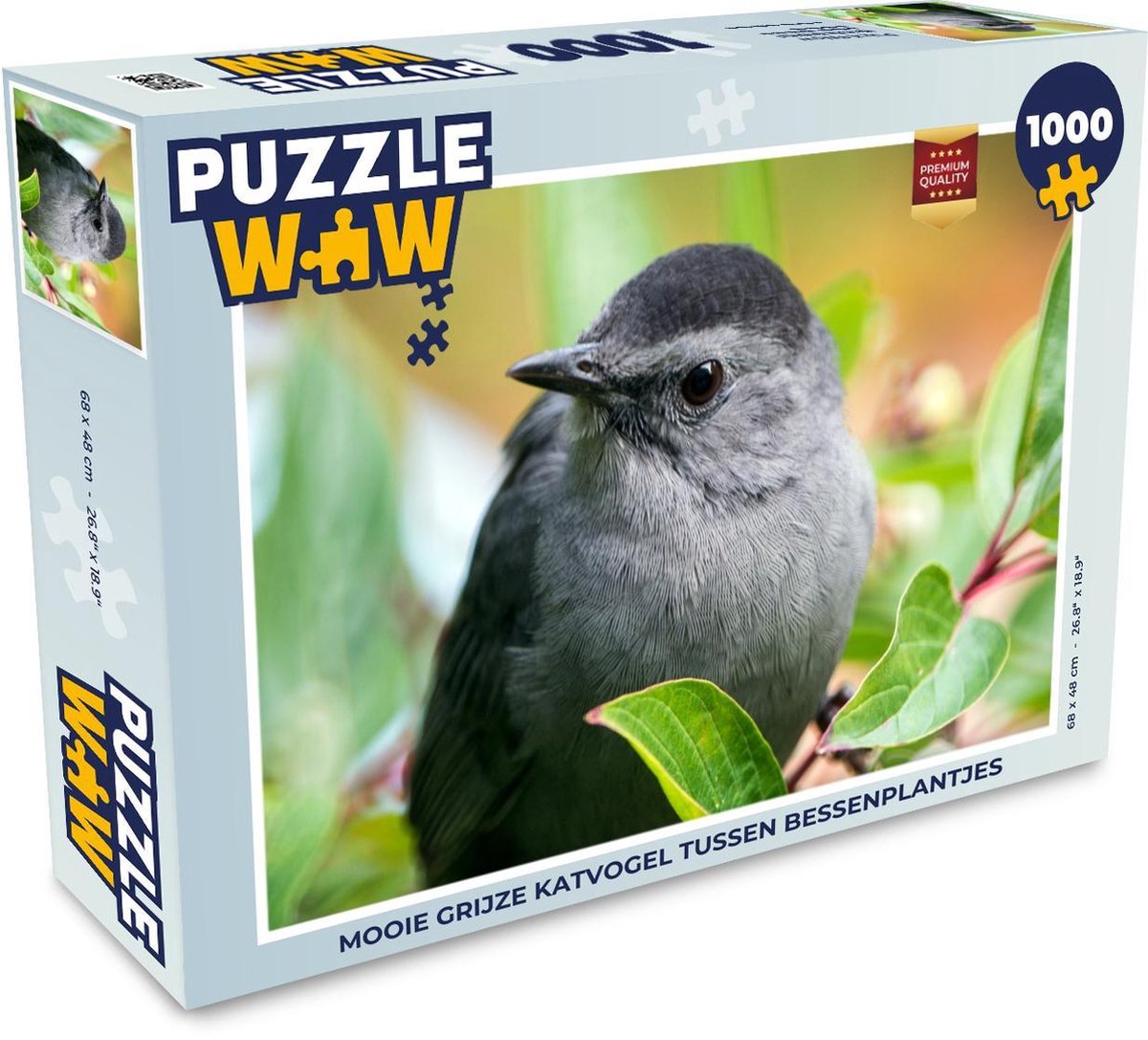Puzzel 1000 stukjes volwassenen Grijze katvogel 1000 stukjes - Mooie grijze katvogel tussen bessenplantjes  - PuzzleWow heeft +100000 puzzels