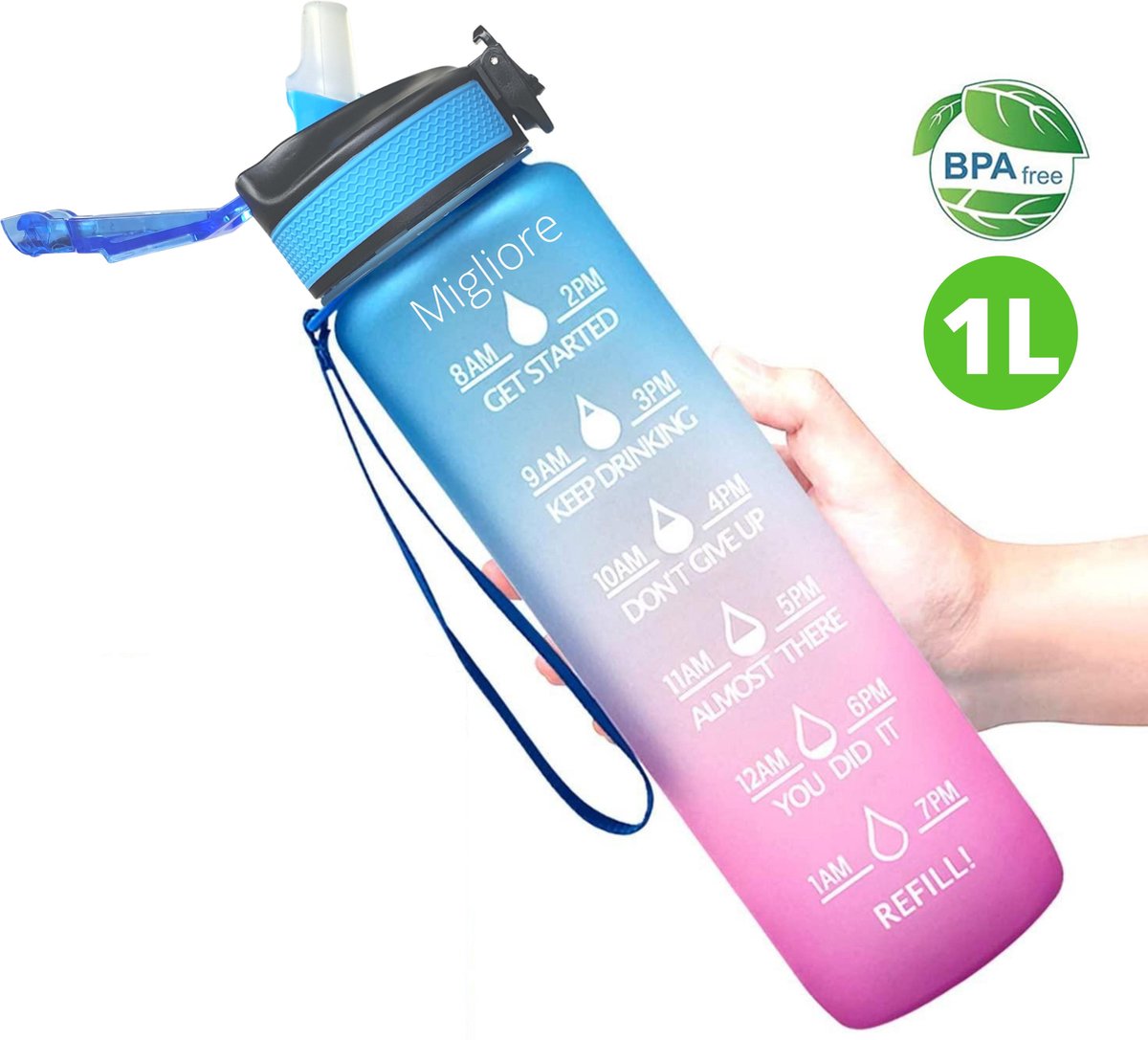 Migliore Waterfles 1 Liter -  Met Rietje - Waterjug - Bidon 1 Liter - Sportdrankfles - Grote Waterfles - Tijdmarkering - Motivatie Waterfles - Roze - Blauw