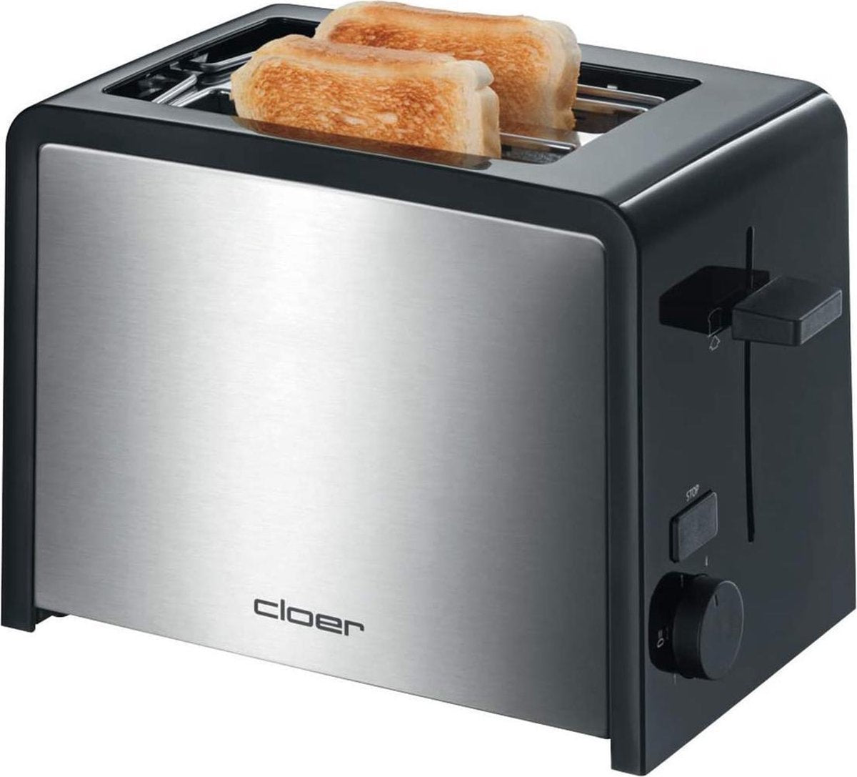 Cloer 3210 broodrooster/825 W/voor 2 sneetjes/geïntegreerde broodrek/nachhebevorrichtung/Kruimellade/lange manchet/roestvrij staal