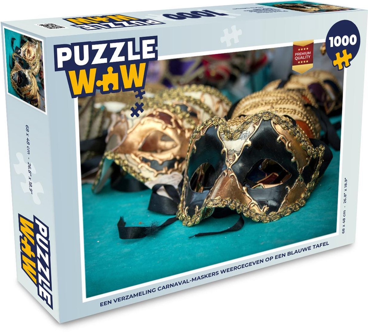 Puzzel 1000 stukjes volwassenen Carnaval 1000 stukjes - Een verzameling carnaval-maskers weergegeven op een blauwe tafel  - PuzzleWow heeft +100000 puzzels