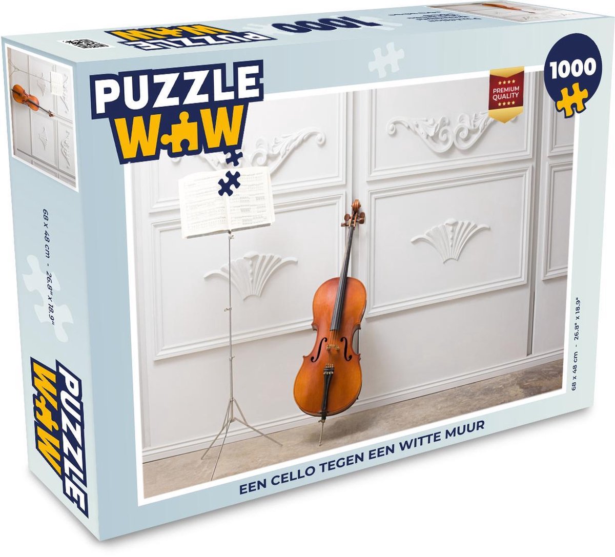 Puzzel 1000 stukjes volwassenen Cello 1000 stukjes - Een cello tegen een witte muur  - PuzzleWow heeft +100000 puzzels