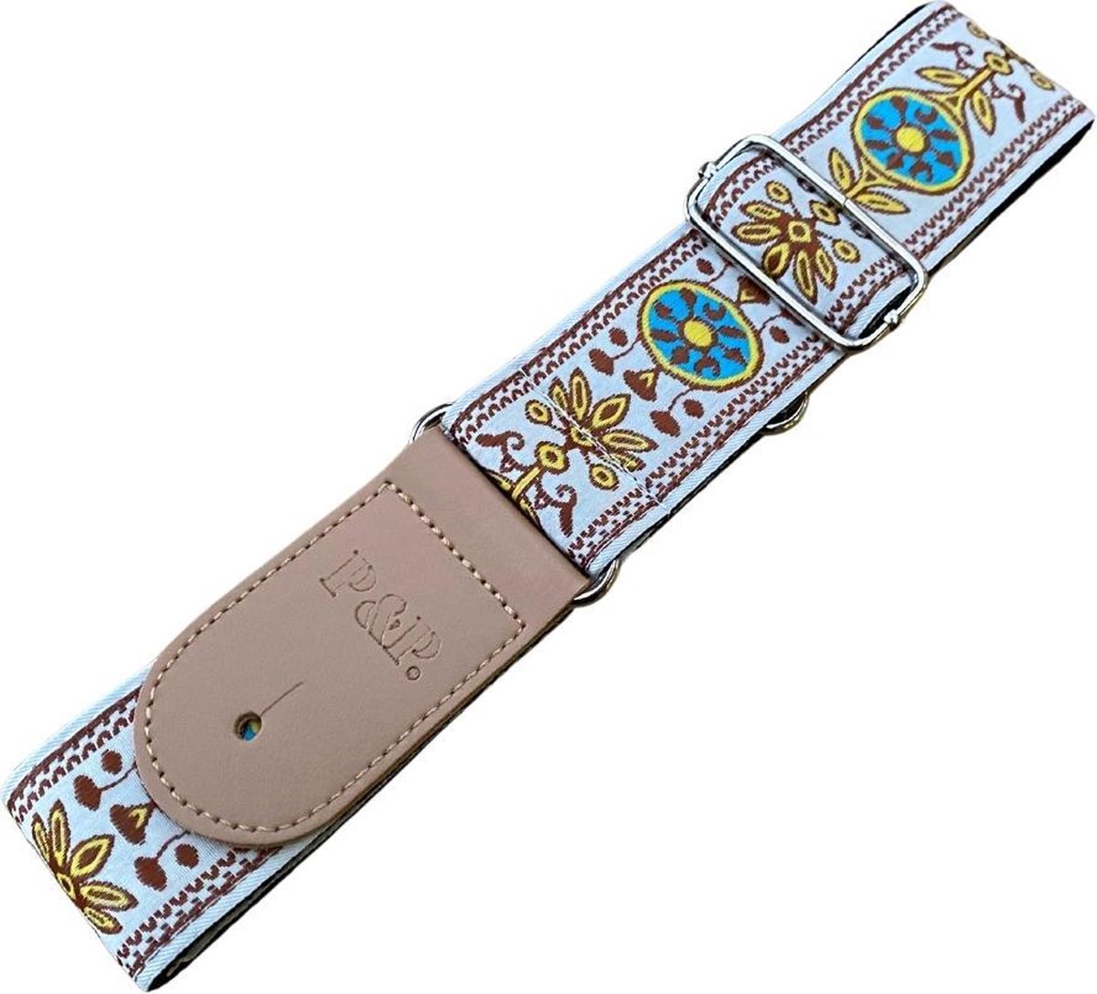 Professionele Verstelbare Stevige Gitaarband - Gitaarbanden - Guitar strap Band - Luxe Gitaarriem - Gitaar Riem - Bas Elektrische Akoestische Klassieke Gitaar - Verstelbaar - 100% Katoen - Inclusief Drie Plectrums - WIT