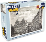 Puzzel 1000 stukjes volwassenen Slot Heidelberg illustratie 1000 stukjes - Een zwart met witte illustratie van het Slot Heidelberg  - PuzzleWow heeft +100000 puzzels
