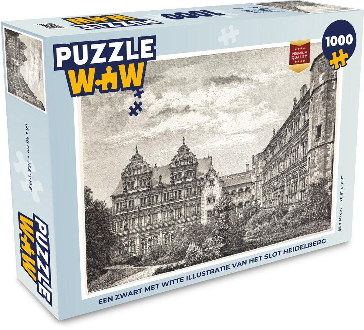Puzzel 1000 stukjes volwassenen Slot Heidelberg illustratie 1000 stukjes - Een zwart met witte illustratie van het Slot Heidelberg  - PuzzleWow heeft +100000 puzzels