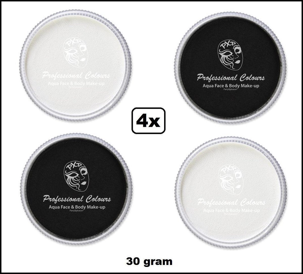 4x Aqua face & body paint zwart/wit 30gram.