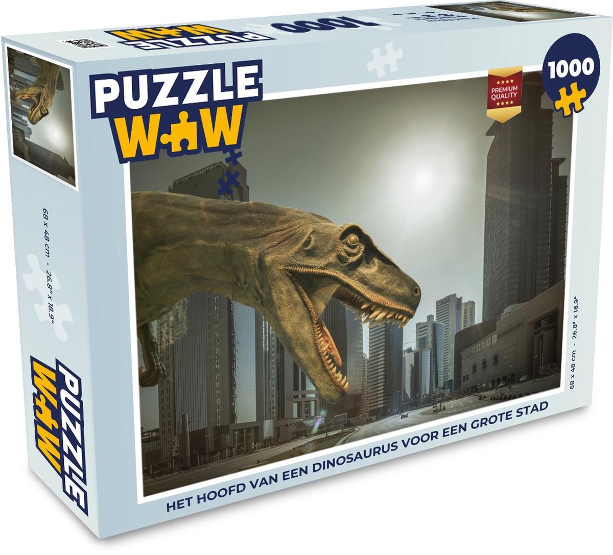 Puzzel 1000 stukjes volwassenen Dinosaurus 1000 stukjes - Het hoofd van een dinosaurus voor een grote stad  - PuzzleWow heeft +100000 puzzels