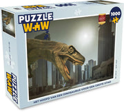 Puzzel 1000 stukjes volwassenen Dinosaurus 1000 stukjes - Het hoofd van een dinosaurus voor een grote stad  - PuzzleWow heeft +100000 puzzels
