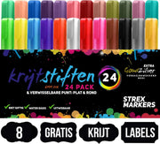 Strex Krijtstiften 24 Stuks - Incl. 8 Krijtlabels - 6MM - Raam Stiften - Neon Stiften - Krijtbordstiften - Krijt Stiften