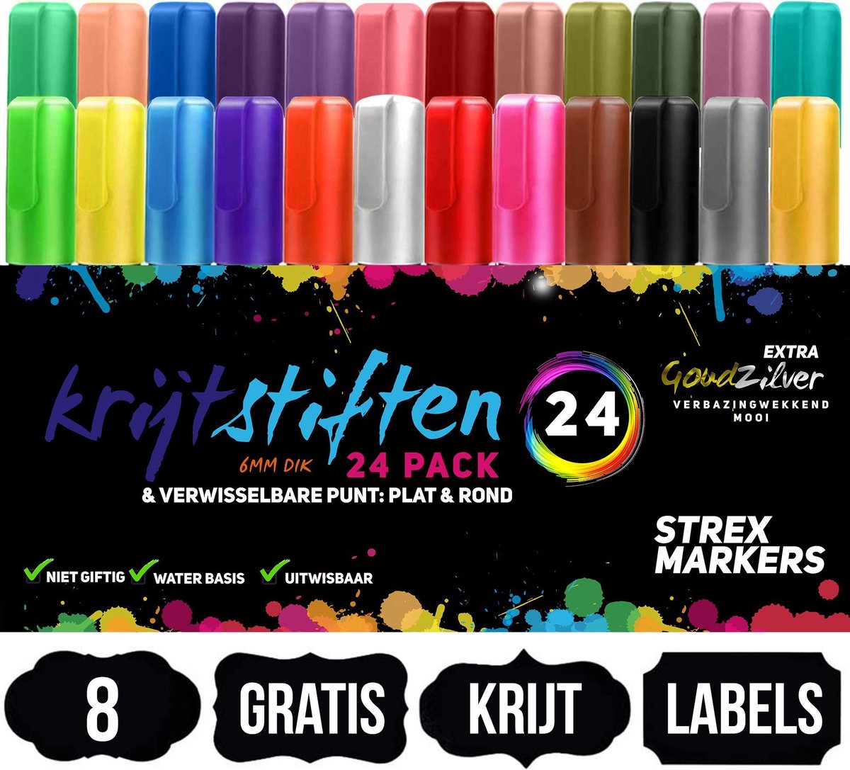 Strex Krijtstiften 24 Stuks - Incl. 8 Krijtlabels - 6MM - Raam Stiften - Neon Stiften - Krijtbordstiften - Krijt Stiften