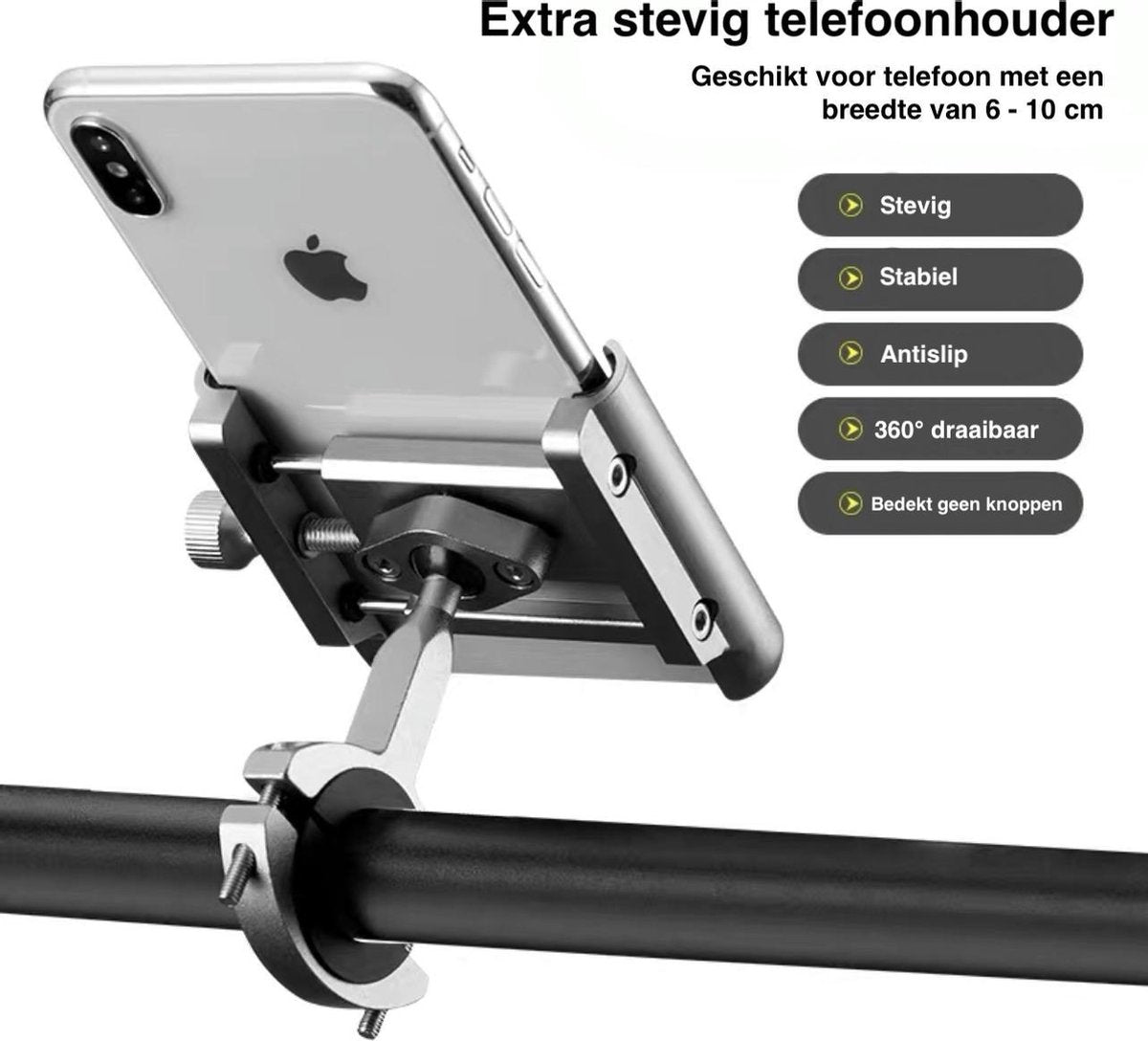 ROCKBROS Telefoonhouder fiets – Fietshouder voor smartphones – Verstelbaar 6-10cm – 360° draaibaar – Aluminium – Zilver
