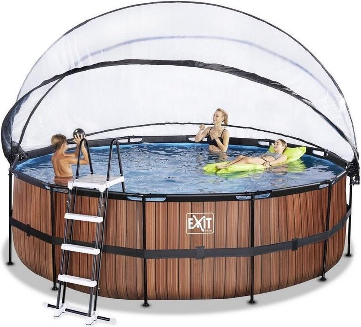 EXIT Wood zwembad ø450x122cm met overkapping en zandfilter- en warmtepomp - bruin
