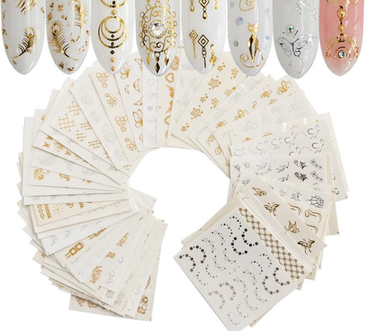 GUAPÀ - Nail Art Nagel Sjabloon Stickers 30 vellen - Zelfklevende Nagelstickers & Nageldecoratie 3D Goud en Zilver