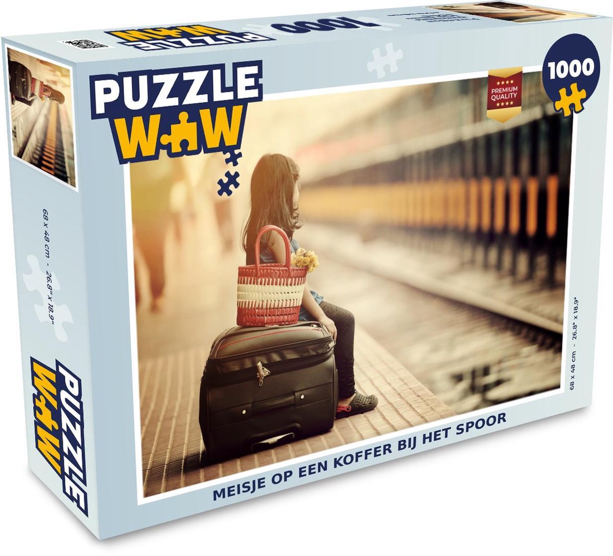 Puzzel 1000 stukjes volwassenen Koffer 1000 stukjes - Meisje op een koffer bij het spoor  - PuzzleWow heeft +100000 puzzels