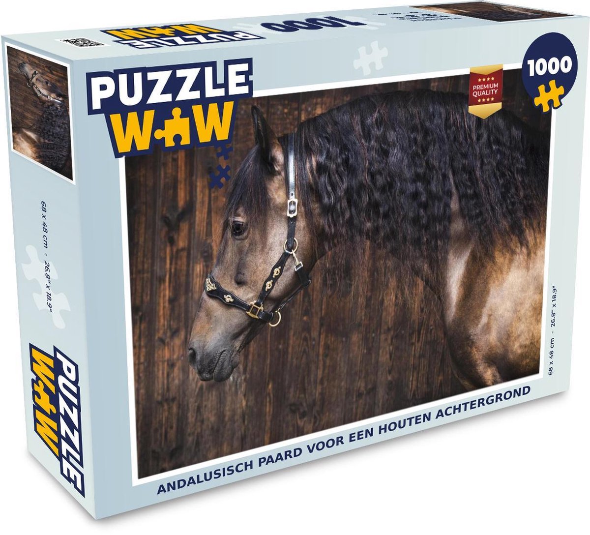 Puzzel 1000 stukjes volwassenen Andalusiër Paard 1000 stukjes - Andalusisch paard voor een houten achtergrond  - PuzzleWow heeft +100000 puzzels