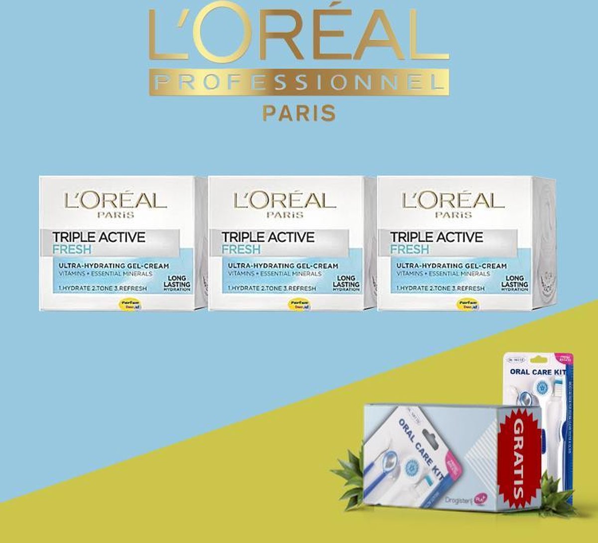 L´Oreal Paris simple Triple Active Fresh Hydrating Gel Cream 50ml - 3 Pack Voordeelverpakking - Gratis Oramint Oral Care Kit