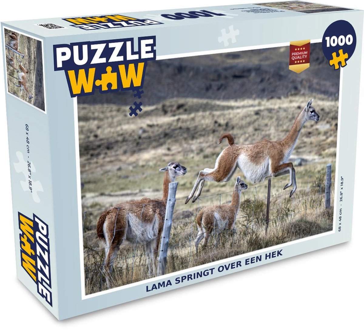 Puzzel 1000 stukjes volwassenen Lama's & Alpaca's 1000 stukjes - Lama springt over een hek  - PuzzleWow heeft +100000 puzzels