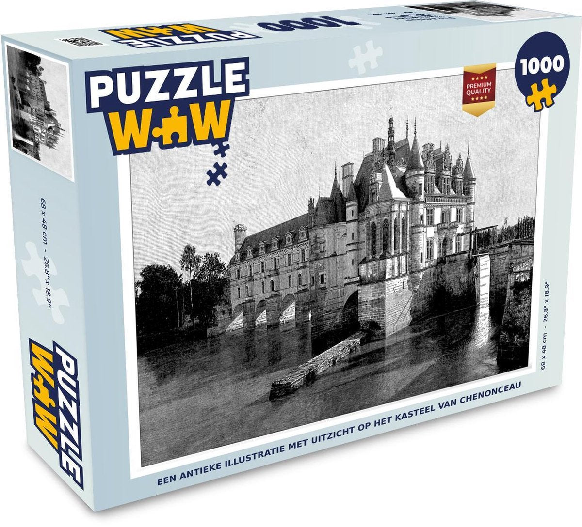 Puzzel 1000 stukjes volwassenen Kasteel van Chenonceau illustratie 1000 stukjes - Een antieke illustratie met uitzicht op het kasteel van Chenonceau  - PuzzleWow heeft +100000 puzzels