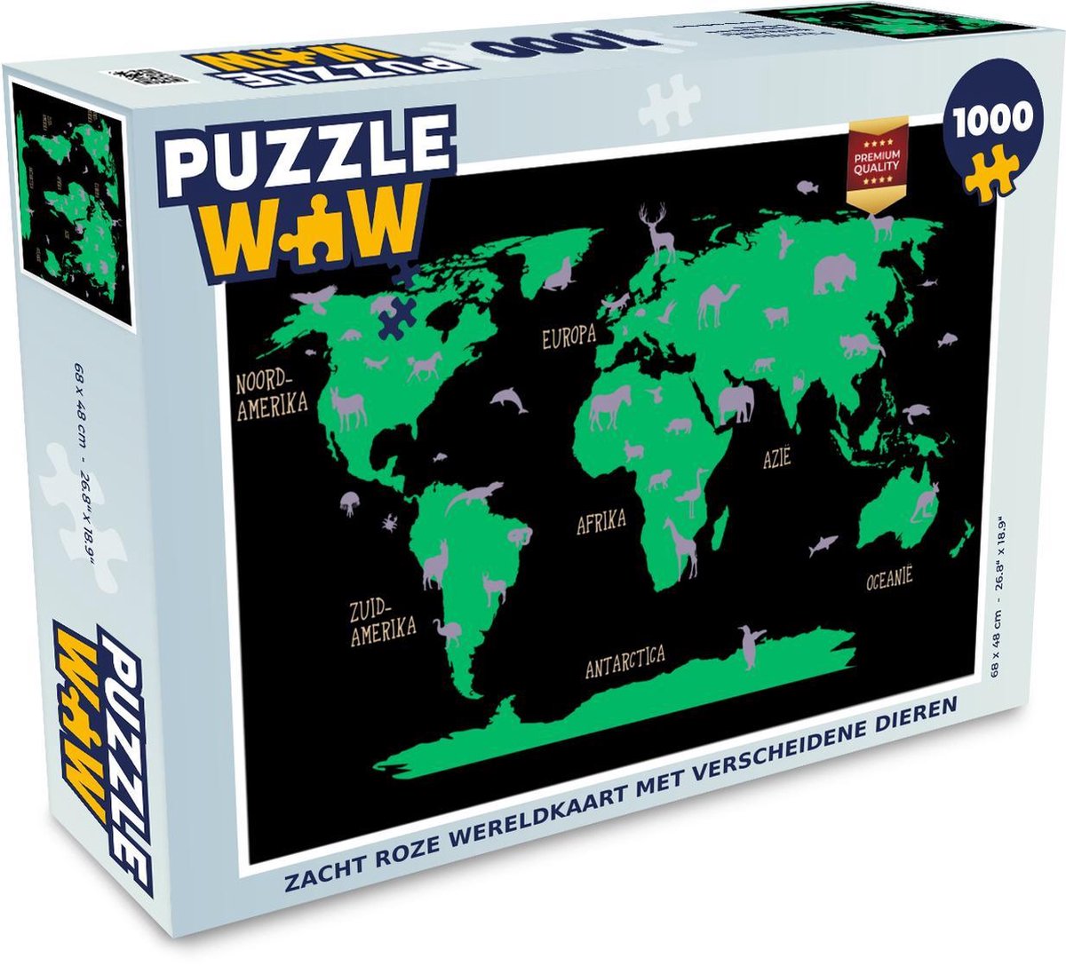 Puzzel 1000 stukjes volwassenen Trendy wereldkaarten 1000 stukjes - Zacht roze wereldkaart met verscheidene dieren  - PuzzleWow heeft +100000 puzzels